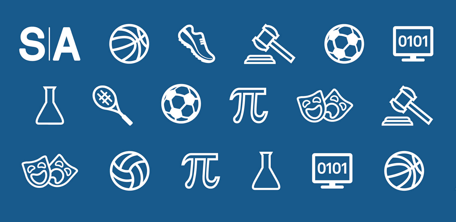 Various icons illustrating sports and academics on blue background.