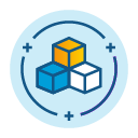 Three stacked cubes inside a circle with plus signs.