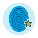 Fingerprint with a star overlaps light blue circle background.