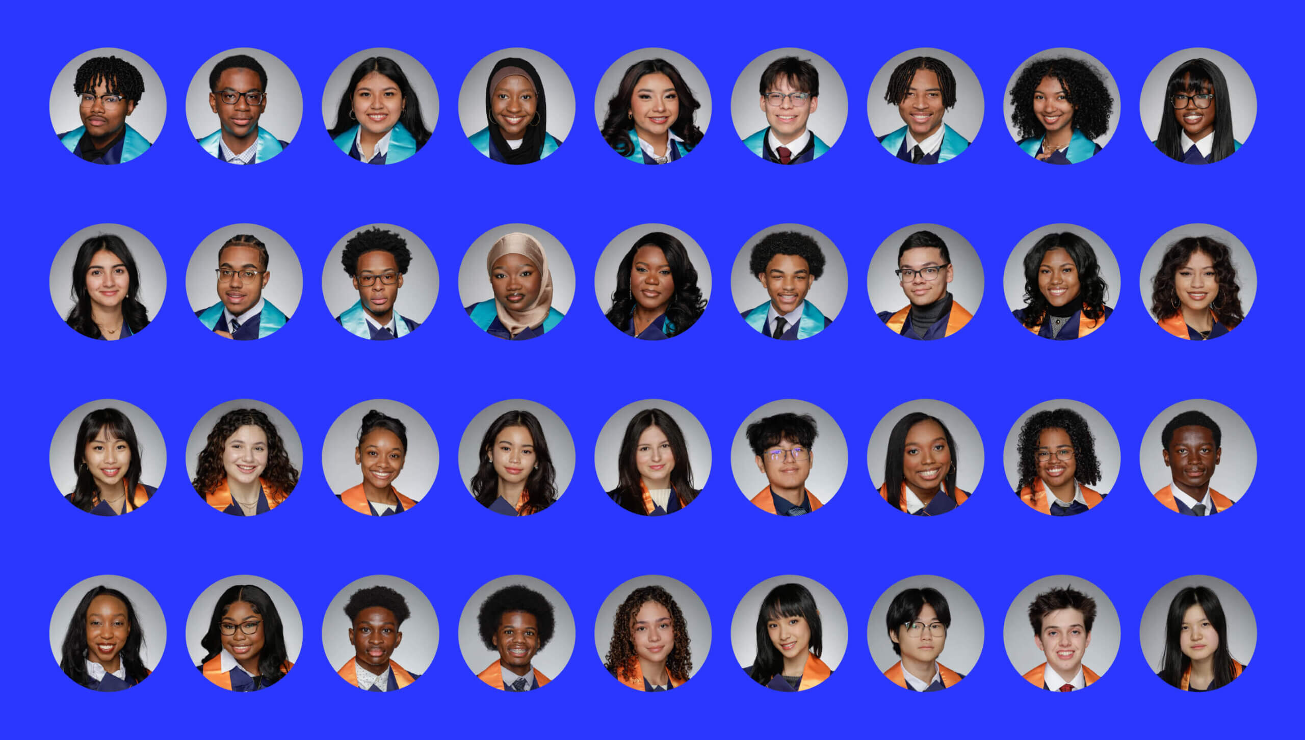 Headshots of graduates wearing orange and blue gowns, arranged against a blue background.