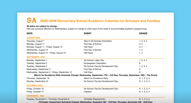 A screenshot of the 2025-2026 Success Academy Elementary School academic calendar showing dates and events for scholars and families.