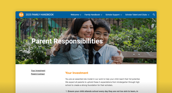 A screenshot of the Success Academy Family Handbooks. A smiling mother and son sit outside with a header that reads 